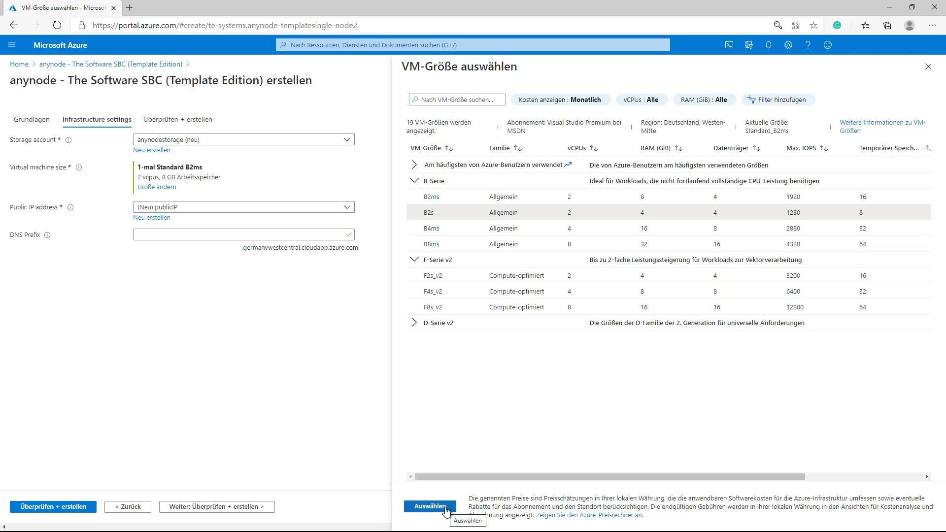 Azure Bereitstellung_06_VM Größe auswählen