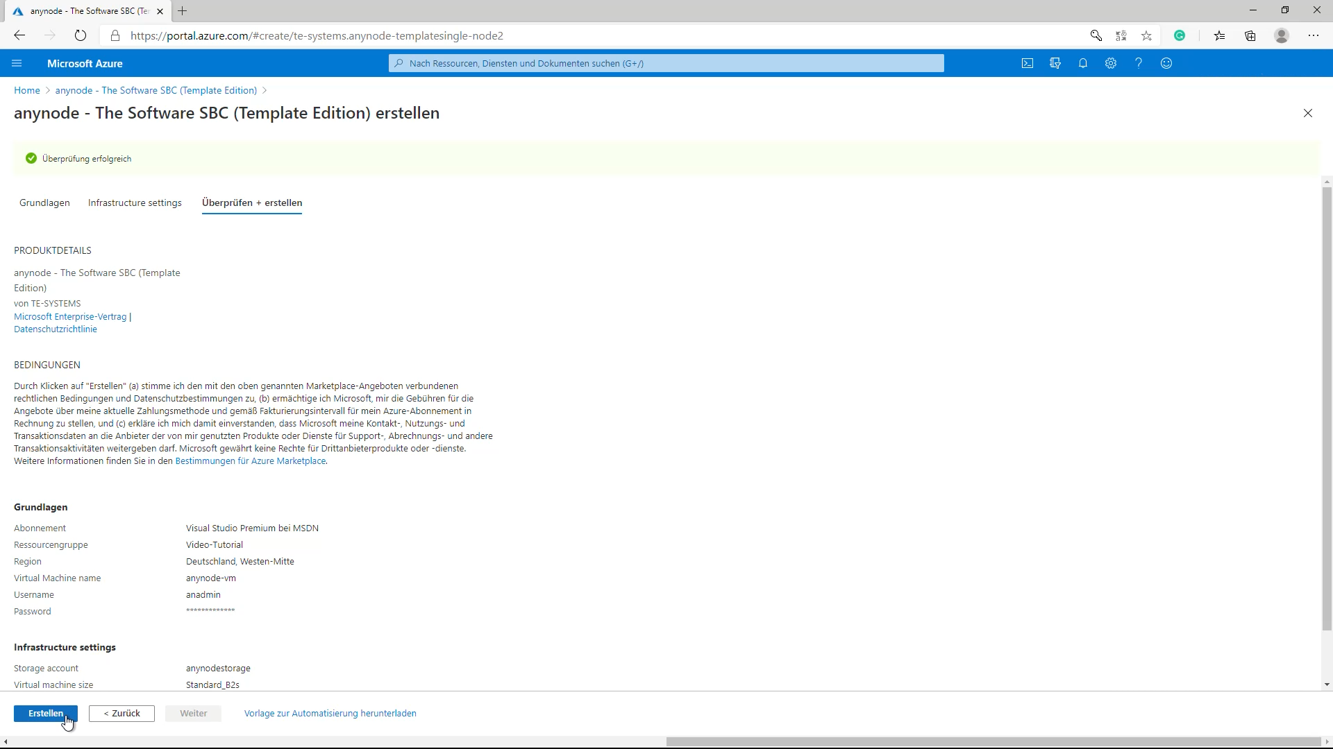Azure Bereitstellung_08_Überprüfen und Erstellen