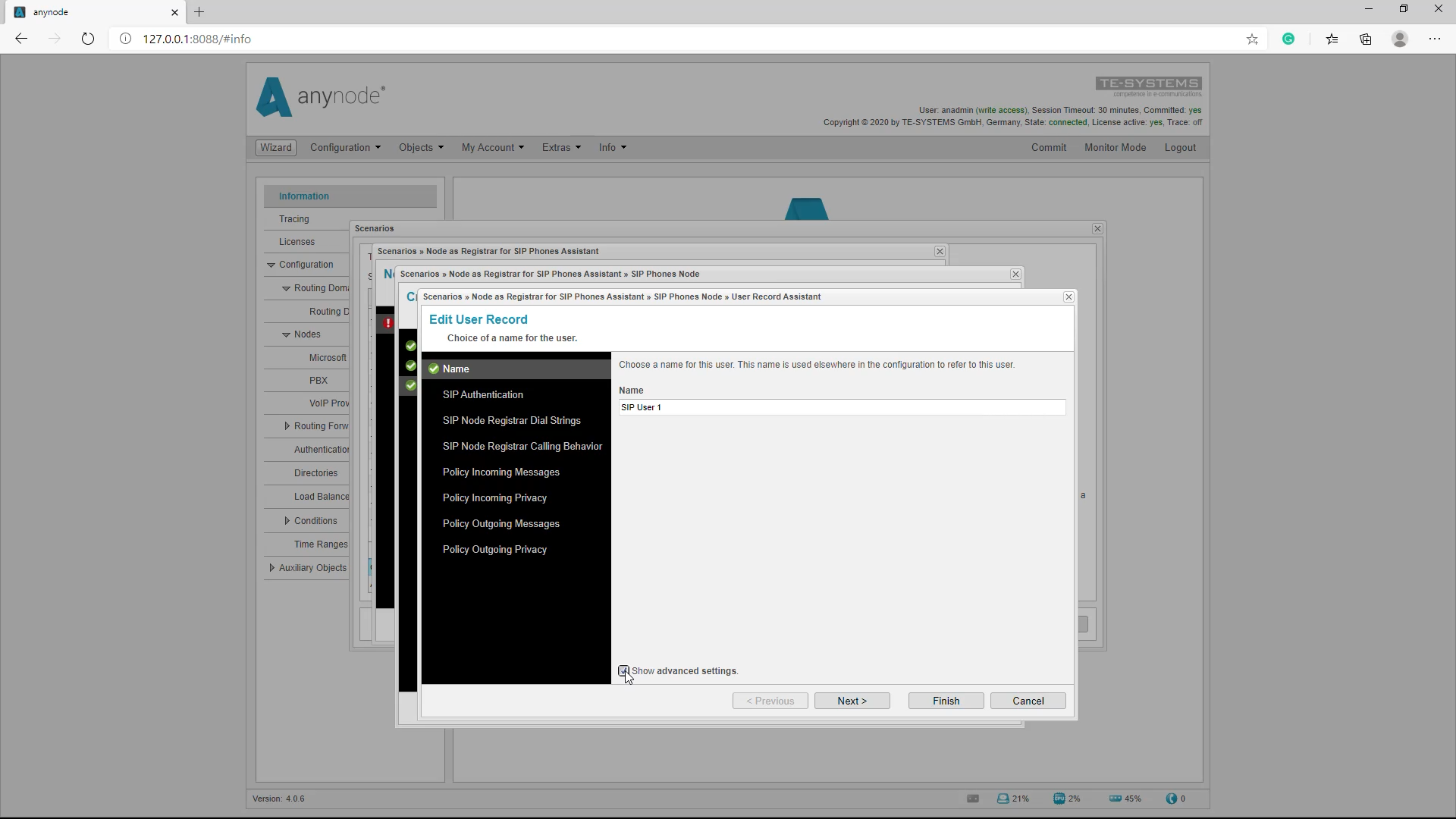 SIP Registrar Show Advanced Settings