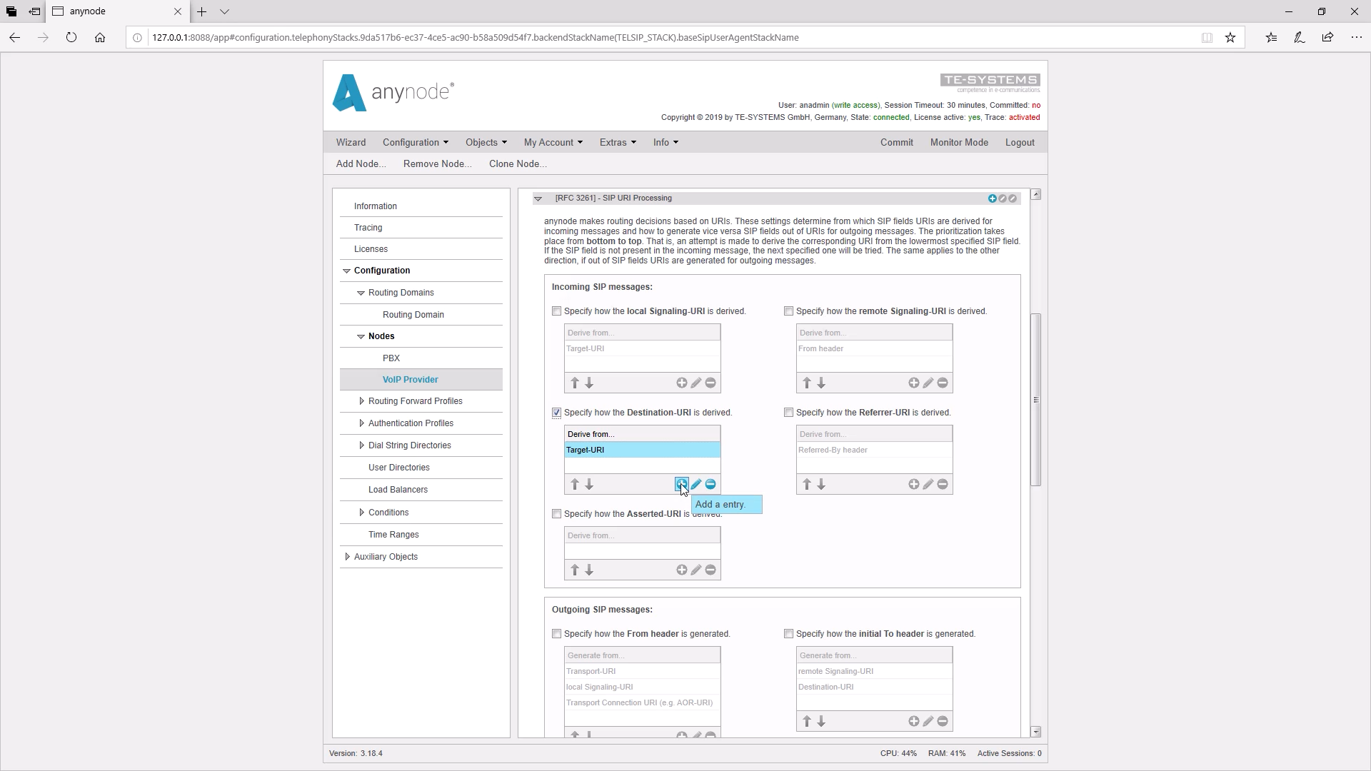 SIP Header Destination URI Add Entry