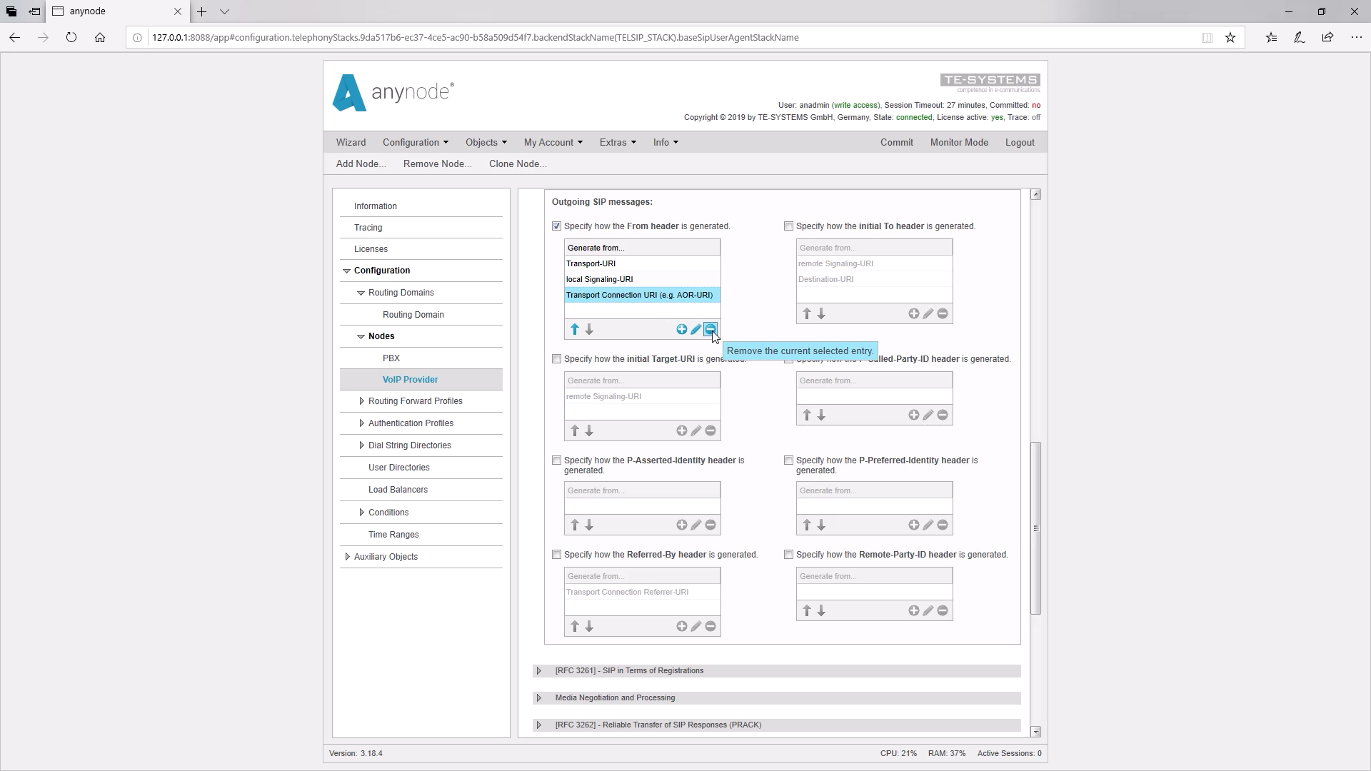 SIP Header Remove Transport Connection