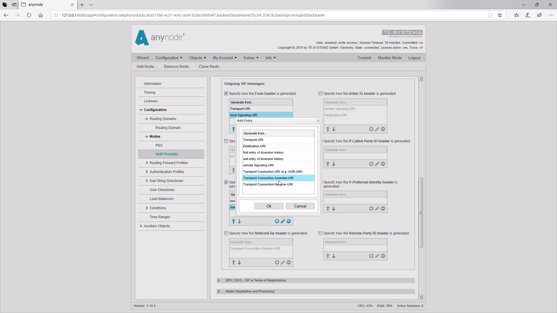 SIP Header Add Transport Connection